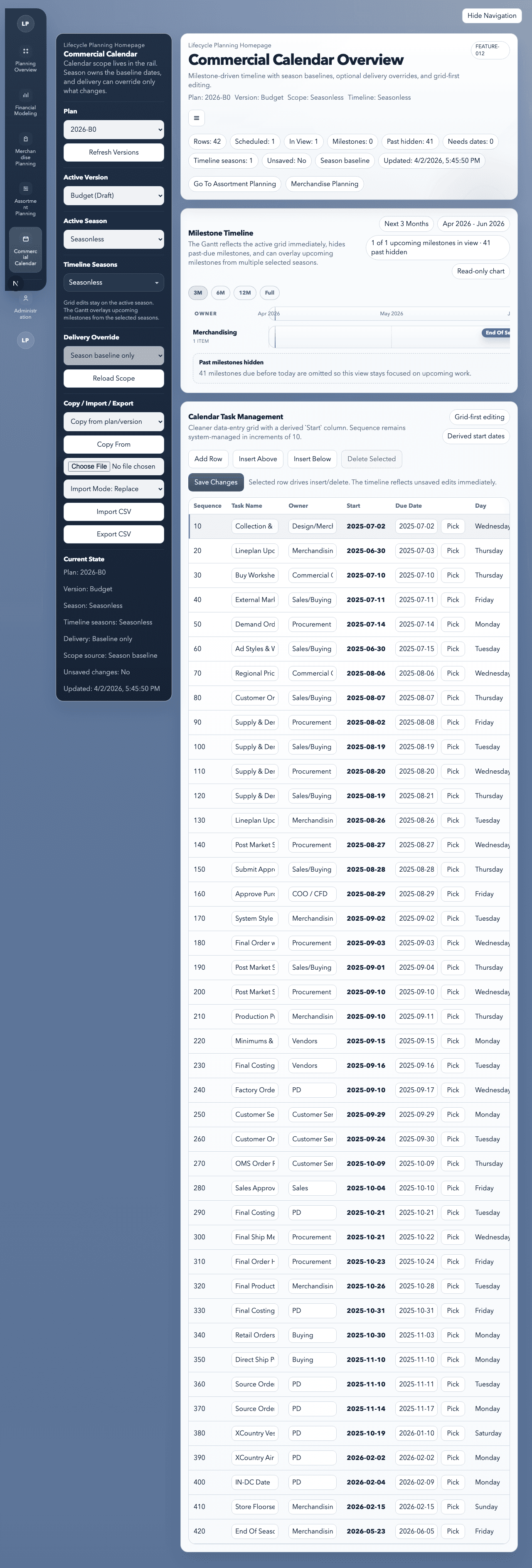 LinePlan commercial calendar